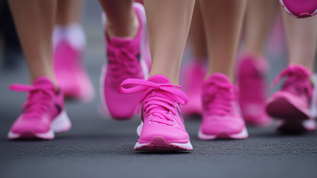 A group of women wearing pink running shoes participate in a breast cancer awareness marathon.