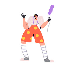 Circus artist with balloon. Playful funny jester, street mime performer. Joker, harlequin, clown character in carnival costume, performing comedy. Flat vector illustration isolated on white background