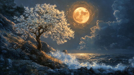 painting style illustration, full moon night shine over flower blossom tree with nature landscape