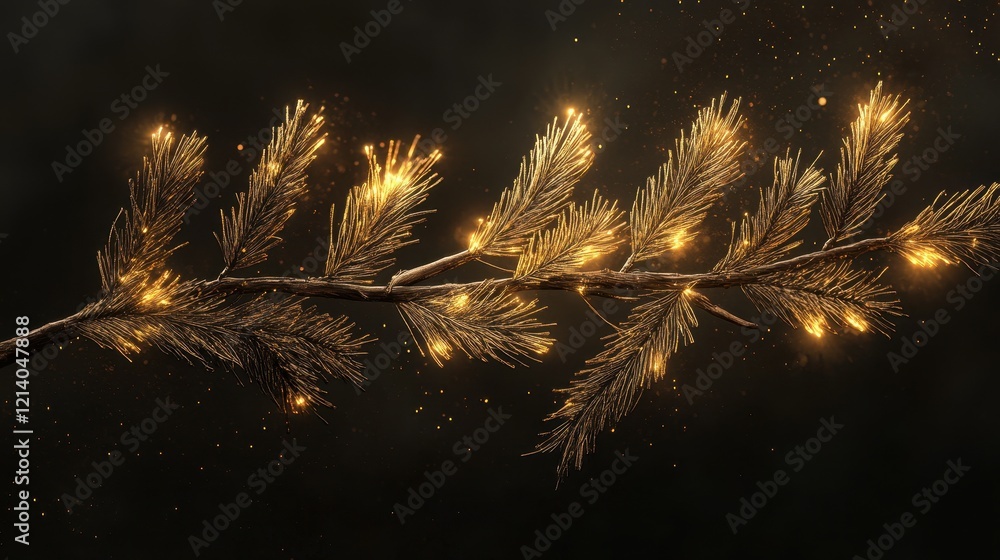Poster elegant golden pine branch with sparkling lights on dark background.