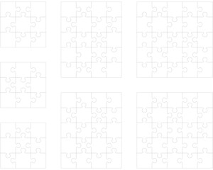 Illustration of seven white puzzles, separate parts