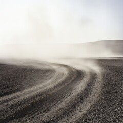 Dusty Desert Road Winding Through Hazy Landscape