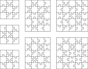 Illustration of seven white puzzles, separate parts