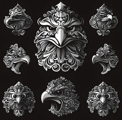 Set of Balinese batik-style eagle head icons, vector black and white illustration on a solid background