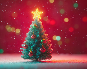 Obraz premium A miniature Christmas tree with glowing ornaments, creating a festive and magical atmosphere.