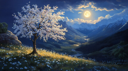 painting style illustration, full moon night shine over flower blossom tree with nature landscape