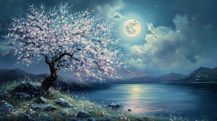 painting style illustration, full moon night shine over flower blossom tree with nature landscape