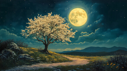 painting style illustration, full moon night shine over flower blossom tree with nature landscape