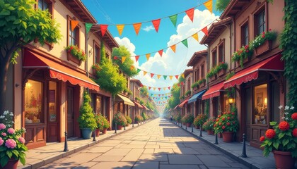 Naklejka premium Vibrant street adorned with flowers and festive decorations in a sunny locale