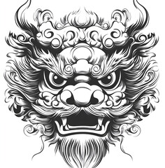 Fototapeta premium Chinese dragon head, cute Chinese traditional pattern design, simple lines, flat illustration style, black and white color