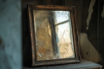 Old framed mirror with chipped reflective surface.
