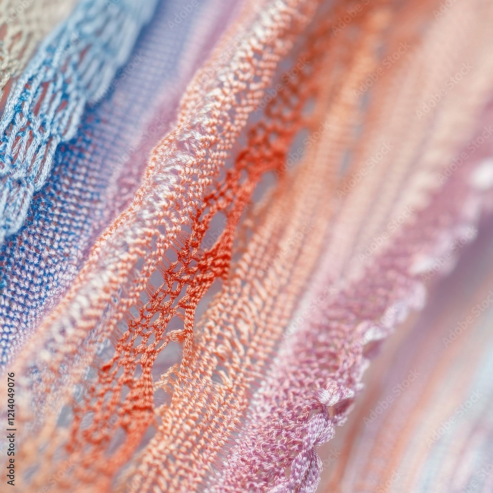 Poster close-up of delicate multicolored lace fabric with soft pastel tones and intricate patterns.