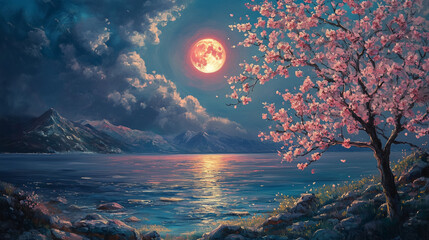 painting style illustration, full moon night shine over flower blossom tree with nature landscape
