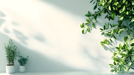 Obraz premium Lush verdant potted plants and greenery decorating a bright minimalist home or office interior Tranquil serene ambiance with natural light shadows and a clean simple design