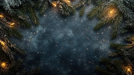Festive Dark Blue Christmas Background with Pine Branches, Snow, and Warm Glowing Lights.