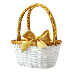 White Gift Basket Golden Bow on transparent background.