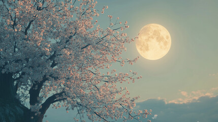 painting style illustration, full moon night shine over flower blossom tree with nature landscape