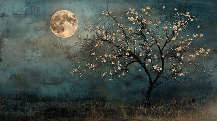 painting style illustration, full moon night shine over flower blossom tree with nature landscape