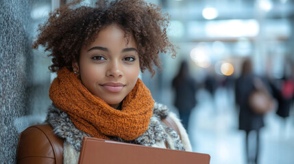 A worried person waiting nervously outside an interview room, clutching a portfolio