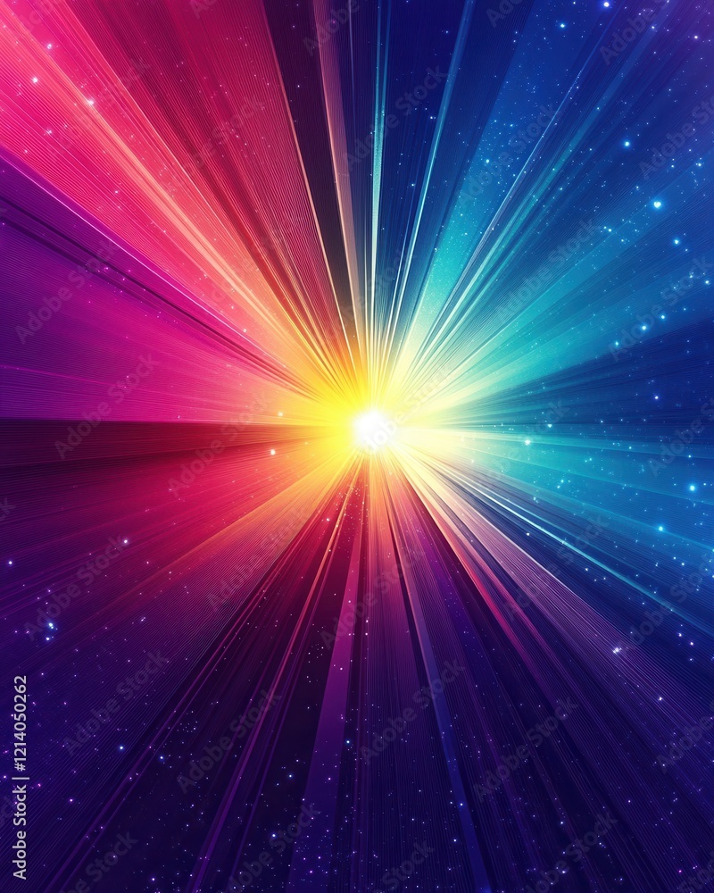 Poster radiant starburst spectrum abstract light rays with a cosmic sparkle, bursting from a central light 