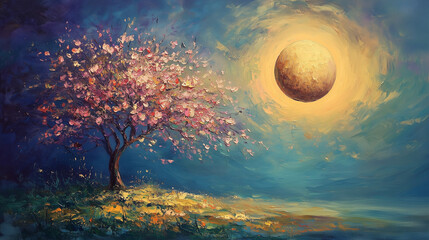 painting style illustration, full moon night shine over flower blossom tree with nature landscape