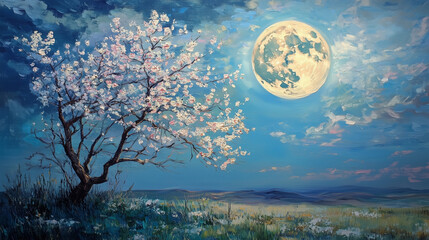 painting style illustration, full moon night shine over flower blossom tree with nature landscape
