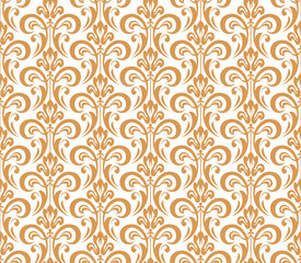 Wallpaper in the style of Baroque. Seamless vector background. White and golden floral ornament. Graphic pattern for fabric, wallpaper, packaging. Ornate Damask flower ornament