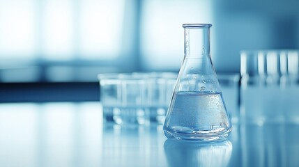 Laboratory glassware holds clear liquid in a serene scientific environment with soft lighting
