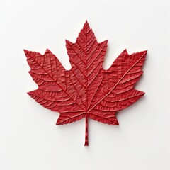 Bright red maple leaf displaying intricate details and textures on a plain background