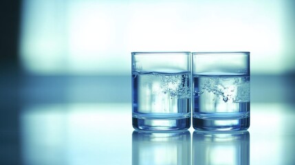 Refreshing sparkling water in two clear glasses on a smooth surface with gentle ripples in a bright setting