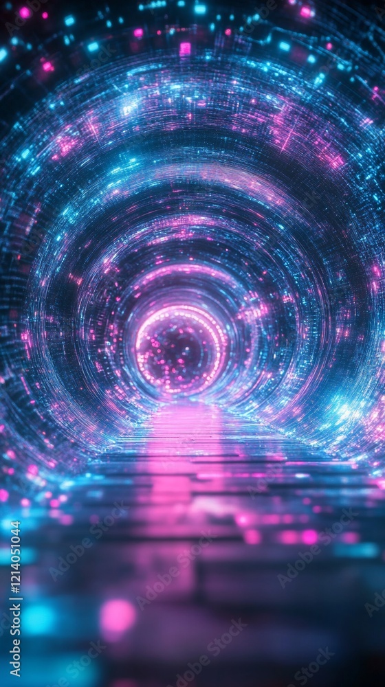 Poster abstract digital tunnel with neon lights and glowing particles background 3d render