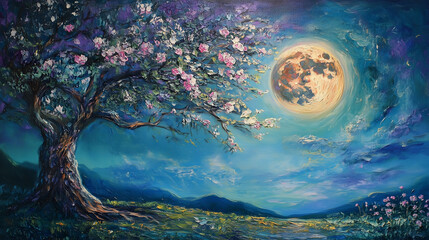painting style illustration, full moon night shine over flower blossom tree with nature landscape