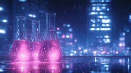 Brightly glowing laboratory flasks amidst a rainy urban night with city lights in the background