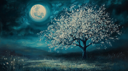 painting style illustration, full moon night shine over flower blossom tree with nature landscape