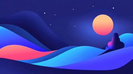 Illustration of Abstract Night Landscape with Colorful Hills and a Large Sun