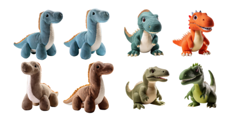 Colorful Plush Dinosaur Toys on Transparent Background