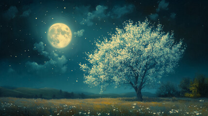painting style illustration, full moon night shine over flower blossom tree with nature landscape