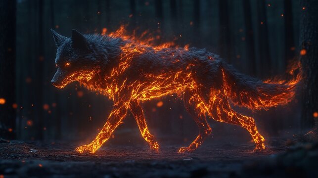 Fiery wolf walking in dark forest.