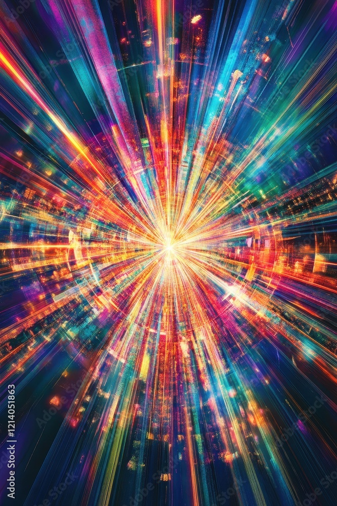 Poster vibrant abstract light burst with radial lines and dynamic color spectrum.