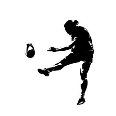 Rugby women, woman kicking ball, isolated vector silhouette. Team sports