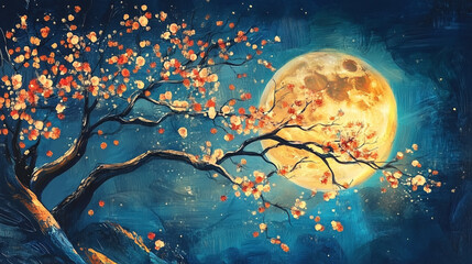 painting style illustration, full moon night shine over flower blossom tree with nature landscape