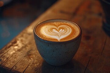 Latte art heart, cafe, wooden table, bokeh background, menu
