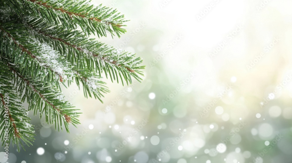 Poster snowy fir tree branches with bokeh background.
