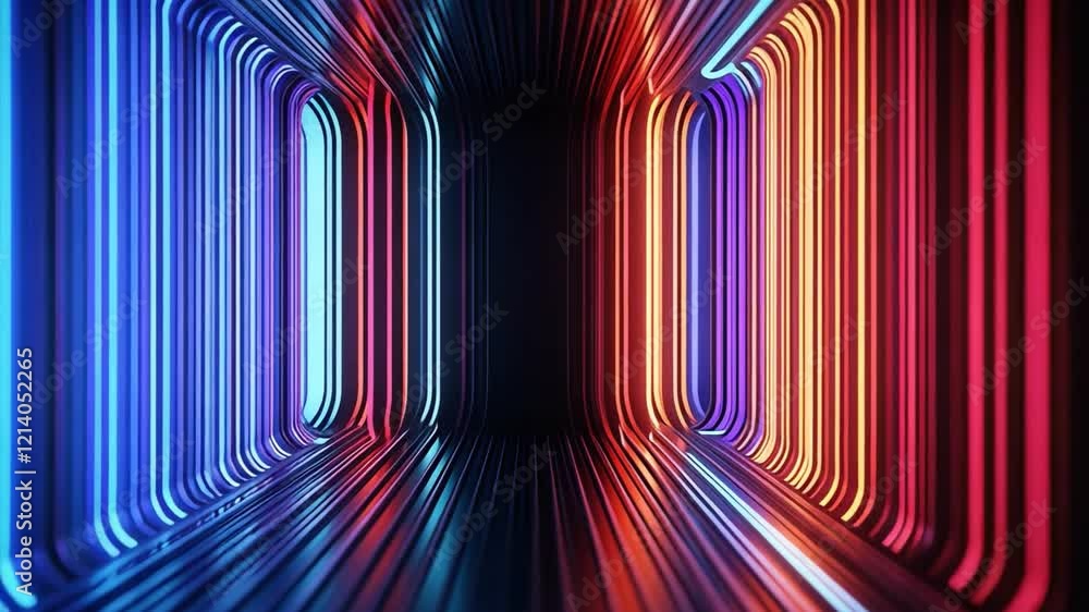 Poster vibrant illuminated tunnel with colorful neon lights creating a futuristic atmosphere.