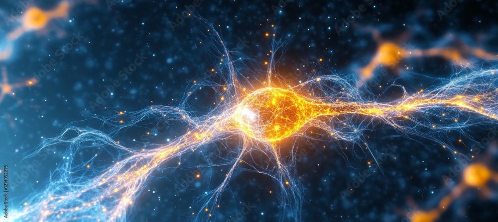 Poster intricate neural network, abstract representation of neurons and synapses with sparks