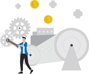 Problem solving skill, leadership, businessman entrepreneur using the big key to fixing problems on cogwheel gears