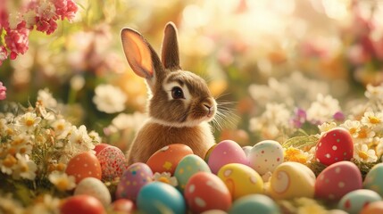 A bunny looking out from a pile of colorful Easter eggs, set against a cheerful backdrop of blooming spring flowers