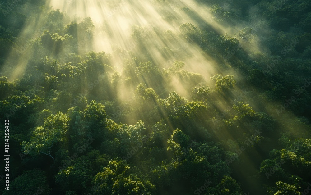 Poster aerial view of sunbeams piercing through a dense forest canopy, creating a mystical and ethereal lig