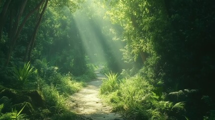 Obraz premium Sunlit Path Through Lush Green Forest with Light Rays Shining Through Foliage.