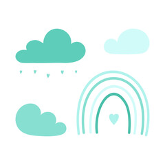 Set of sky elements blue clouds rain rainbow, simple drawings by child, for fun childrens design.
